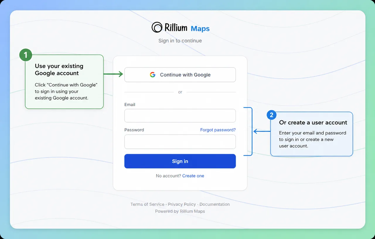 The Rillium Maps sign-in screen with Google and email options